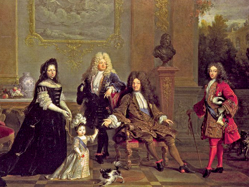 لویی چهاردهم (نشسته) با پسر خود را لو گراند عنوان پسر ارشد پادشاه فرانسه (به سمت چپ)، نوه خود را لوئیس، دوک کبود (به سمت راست)، بزرگ، نوه او لوئی دوک Anjou، و مادام د Ventadour، حاکم Anjou، که این سفارشنقاشی، رکود هنری چهارم و لویی سیزدهم در پس زمینه هستند.