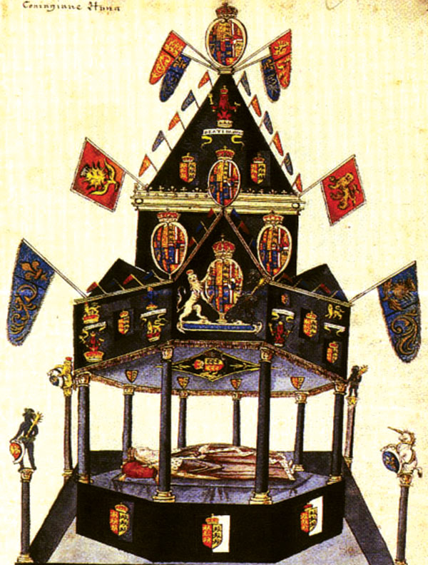 طرحی از تابوت ملکه جمیز اول مربوط به سال 1619 میلادی دانمارک، که با پرچم های آن دوره دانمارک آراسته گردیده است.